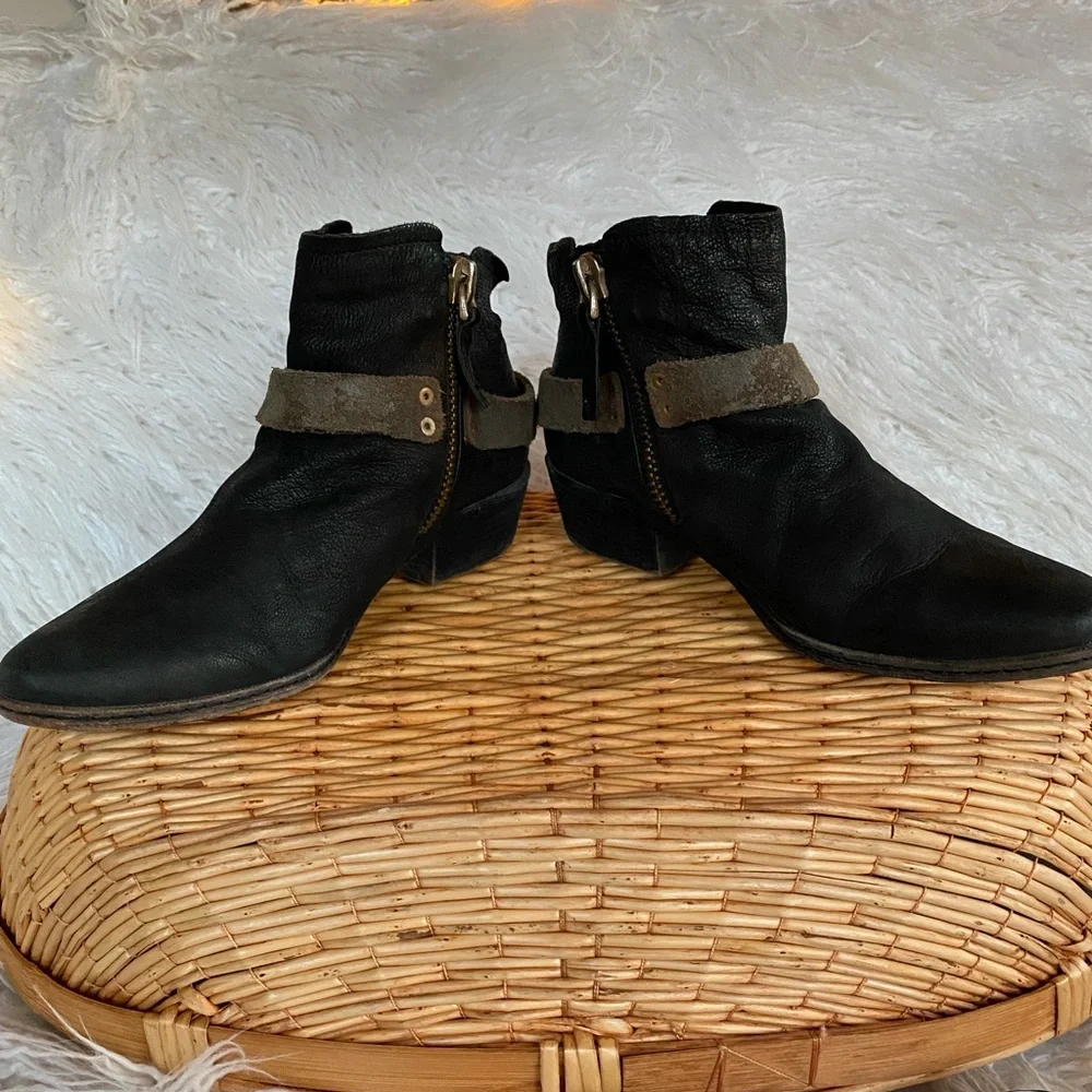Black Distressed Leather Ankle Booties with Buckle Detail